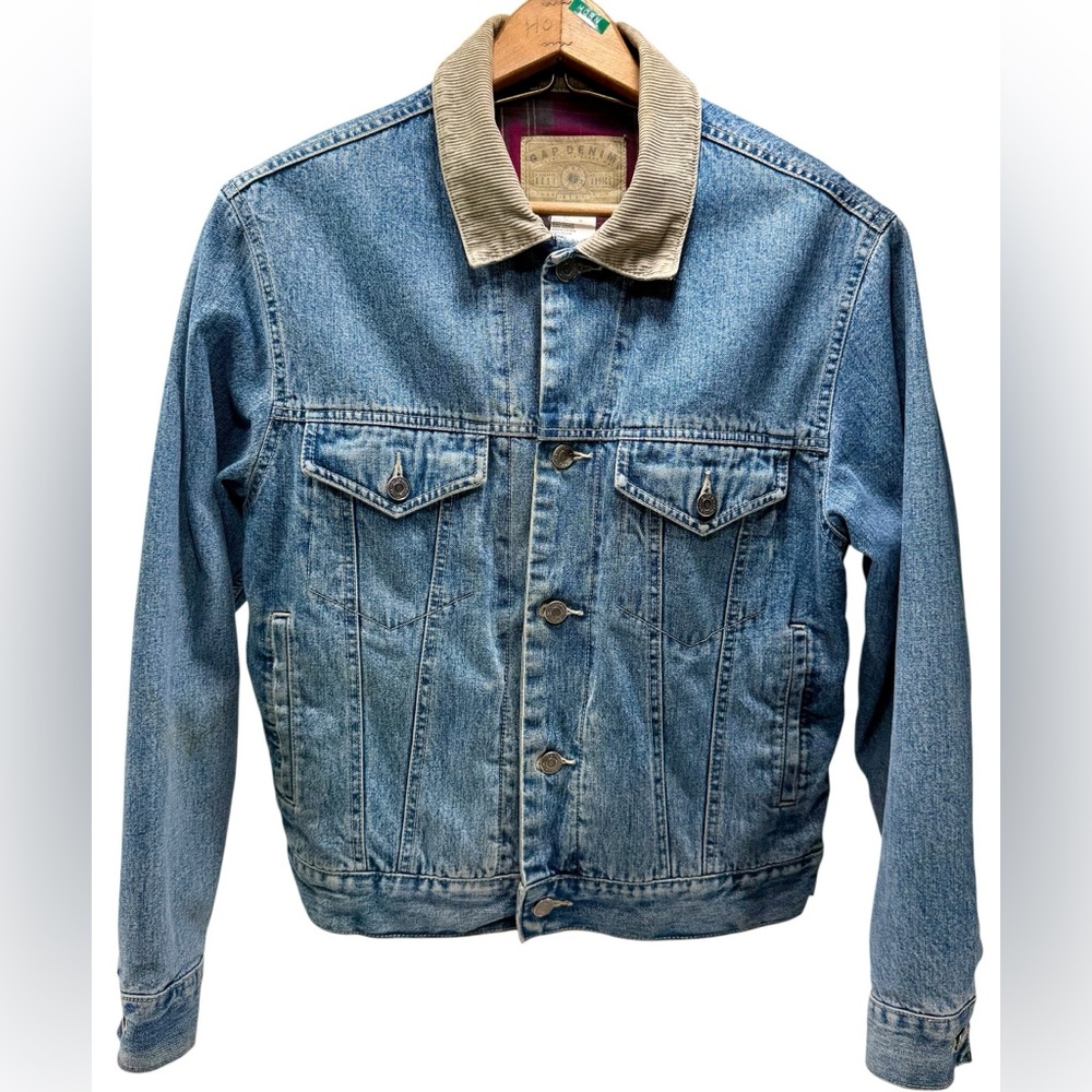 GAP Vintage 90’s Denim Trucker Jacket Size S Corduroy Collar Plaid Flannel Lined
